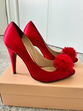 Loeffler Randall Red Satin Pom Pom Heels Closed Toe Stiletto 8B
